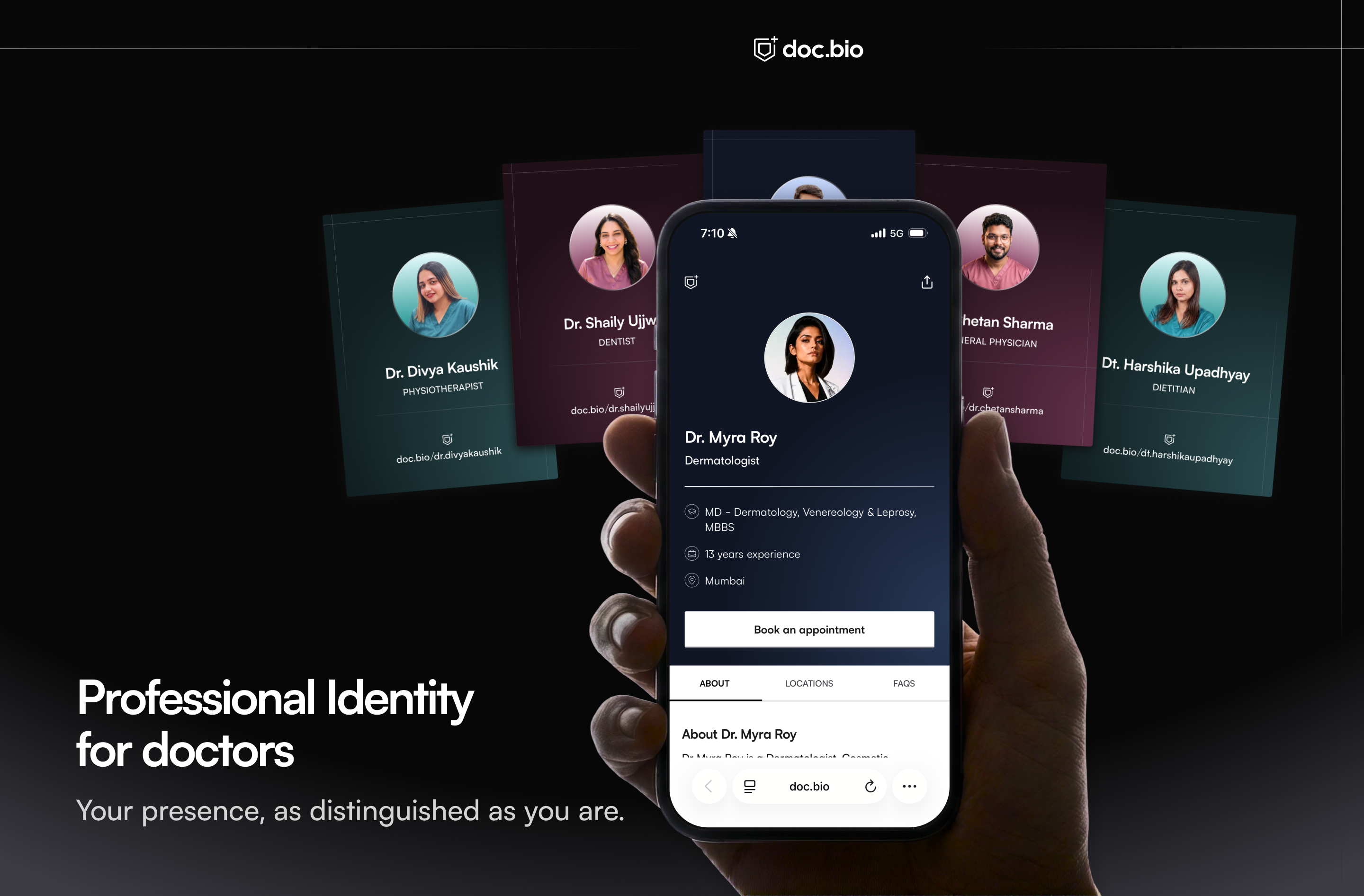 doc.bio — professional identity for doctors: live profile in hand, doctor share-cards fanned behind