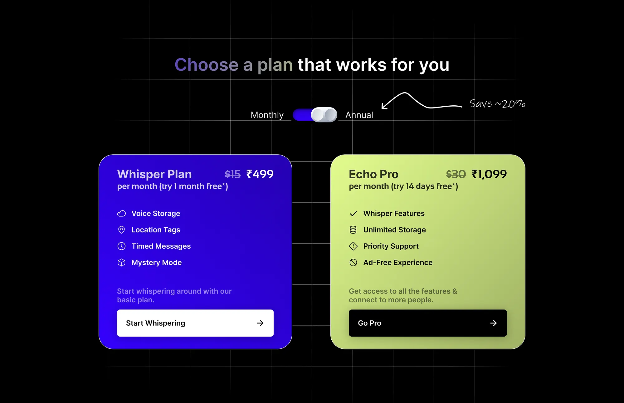 Echo — pricing section, Whisper and Echo Pro plans